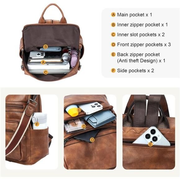 Women's Vegan Leather Backpack Purse – Large Travel Backpack - Picture 6 of 7